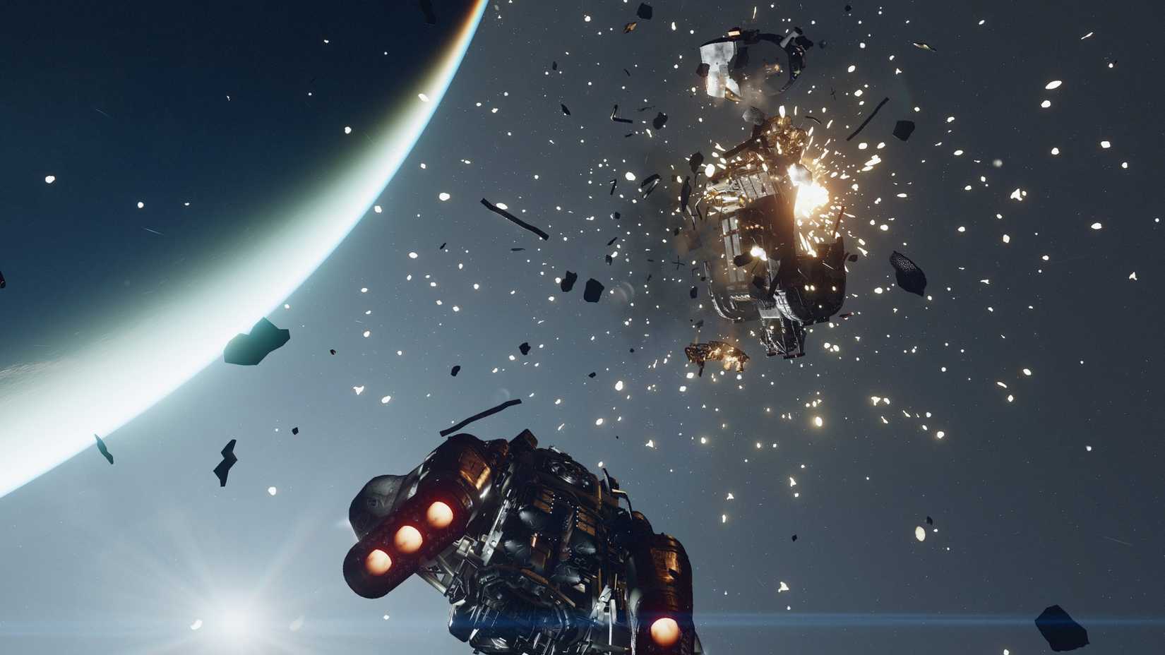 Uma briga de cães espaciais em Starfield fica mortal quando o jogador explode um navio inimigo.