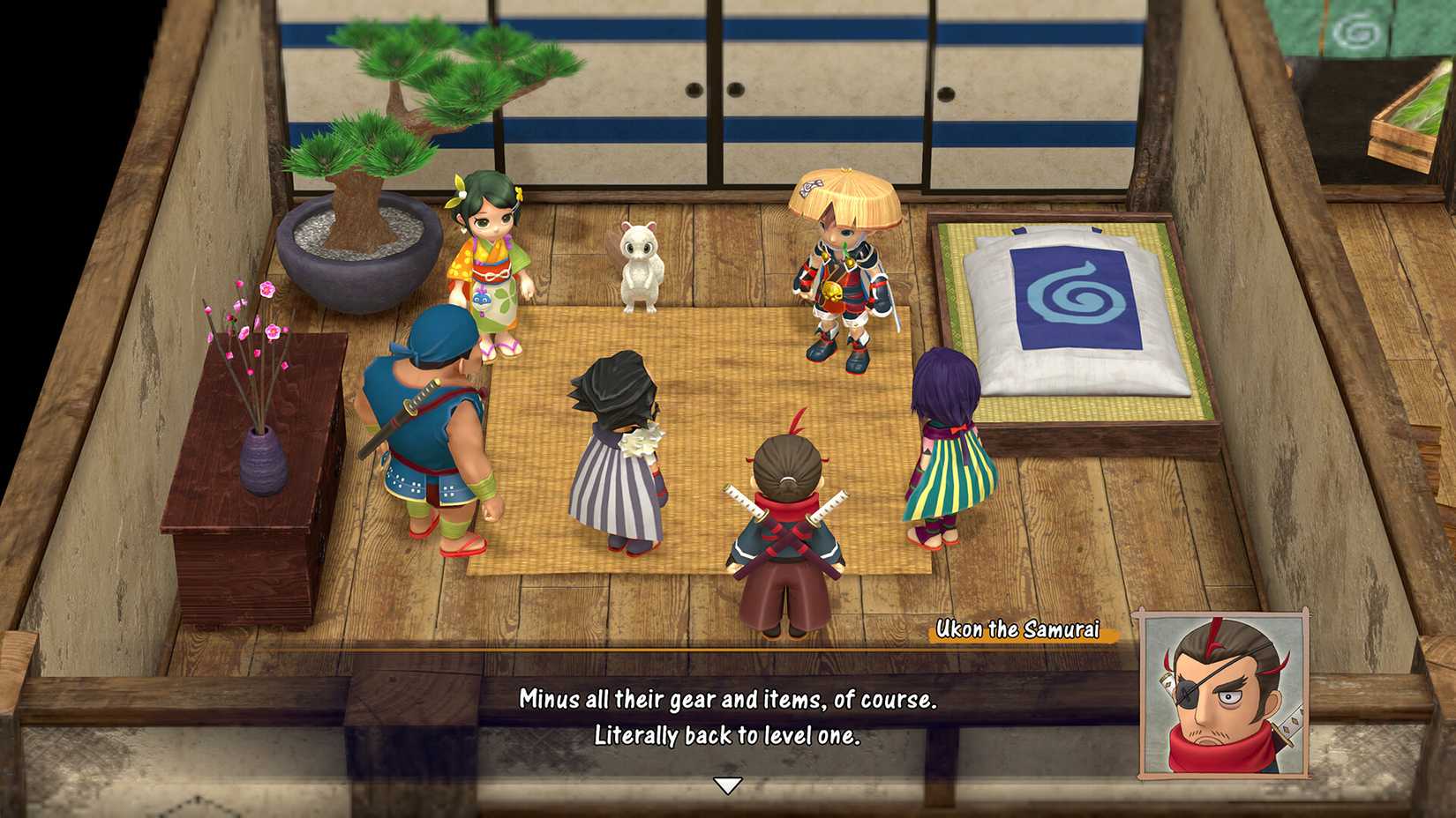 Vários personagens de Shiren, o Wanderer, se reuniram dentro de uma casa enquanto discutem os eventos atuais. A gangue inclui guerreiros, piratas e moradores. 