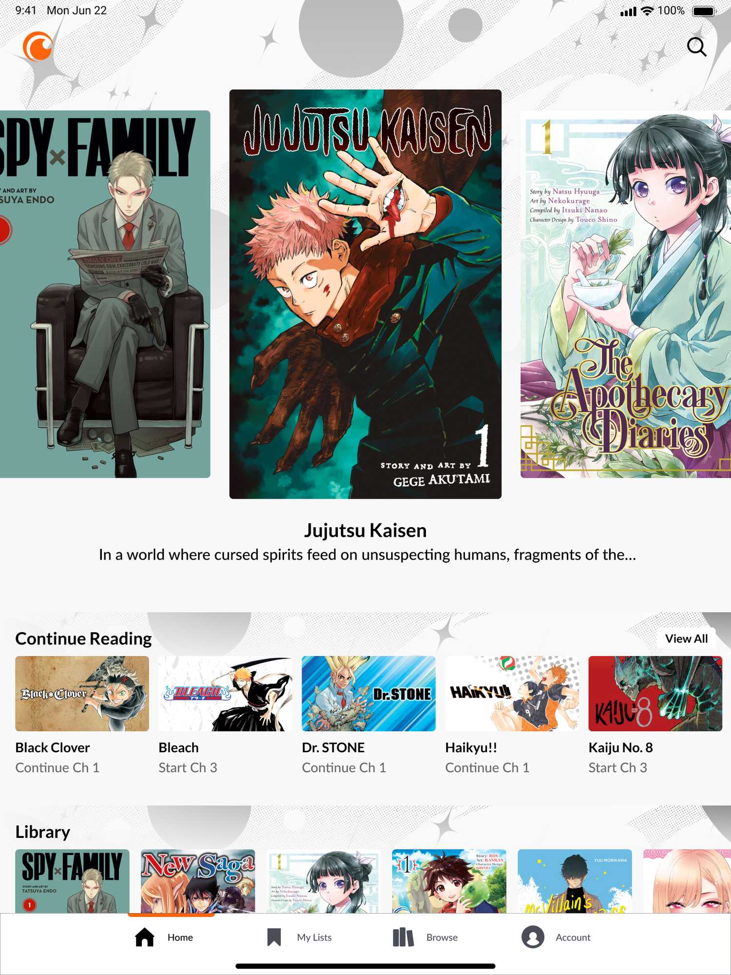 A página inicial do aplicativo Crunchyroll Manga