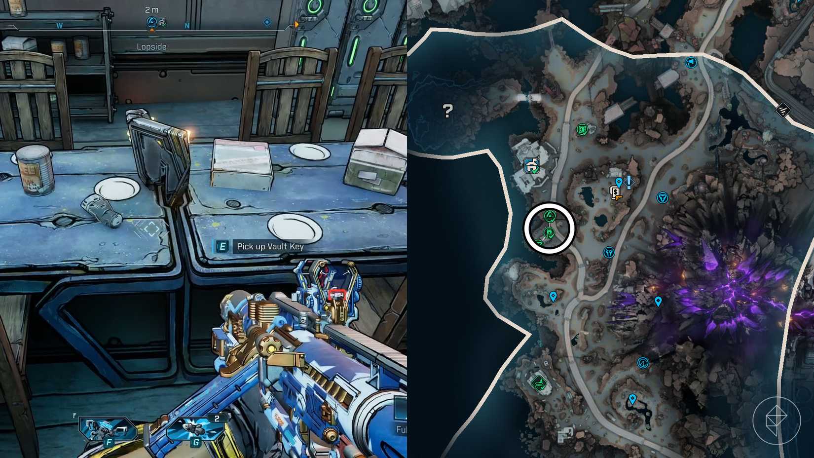 Uma montagem de duas imagens Borderlands 4 mostrando o local onde você encontra o primeiro fragmento -chave para abrir o carcá