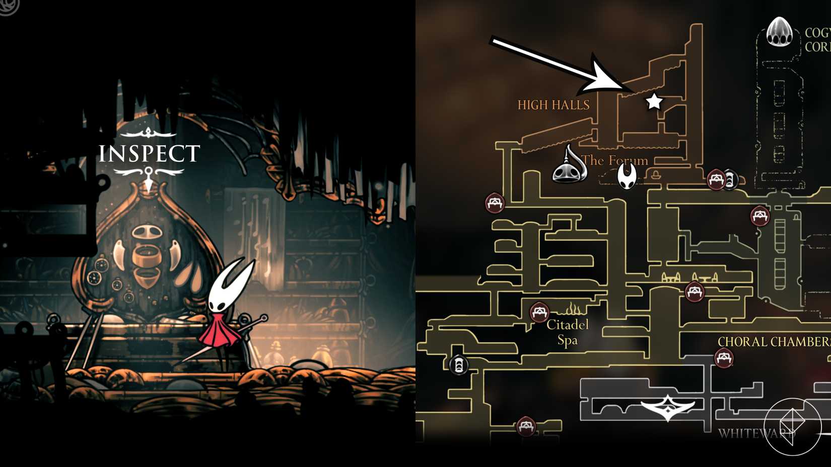 A localização da ferramenta Cogfly em Hollow Knight: Silksong.