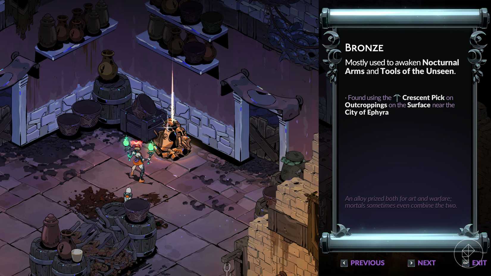Melinoë em pé ao lado de uma pilha de armadura de bronze em Hades 2.