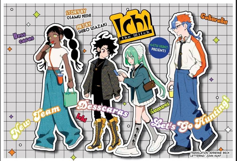 A cor se espalhou para Ichi, o Capítulo 44 da Bruxa, mostrando Ichi, Desscaras, Komugi e Gokuraku