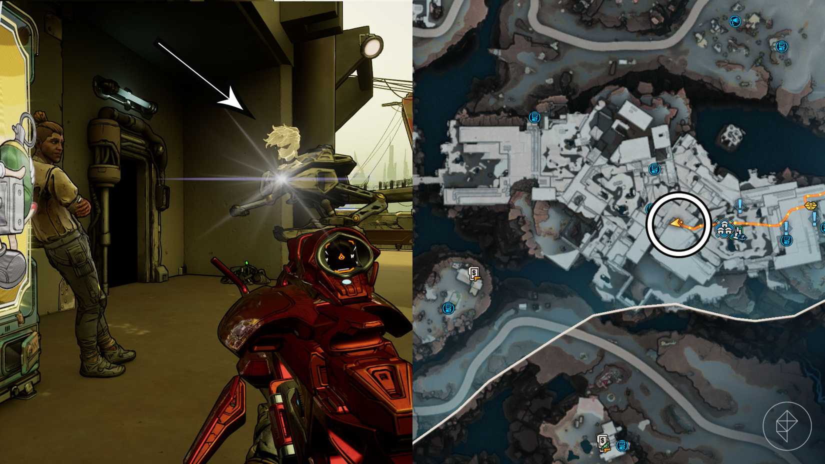 Uma montagem de duas imagens Borderlands 4 mostrando o local onde os jogadores podem desbloquear o "Vender da linha" missão lateral