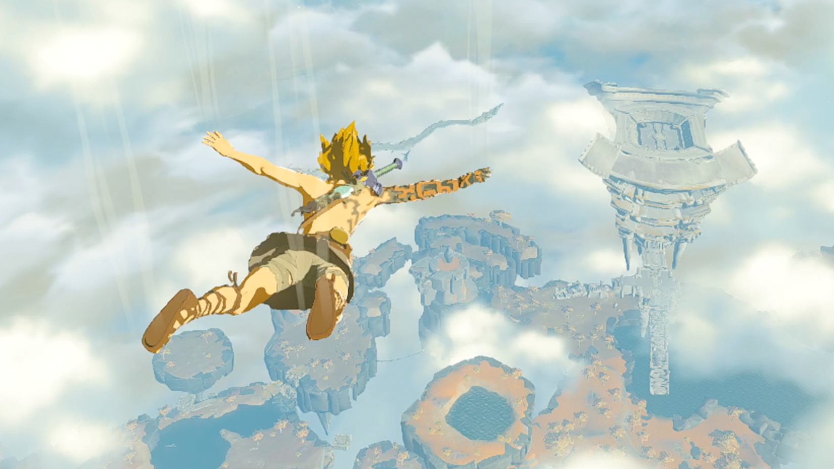 A lenda de Zelda: lágrimas do reino; um link sem camisa paraquedismo em hyrule