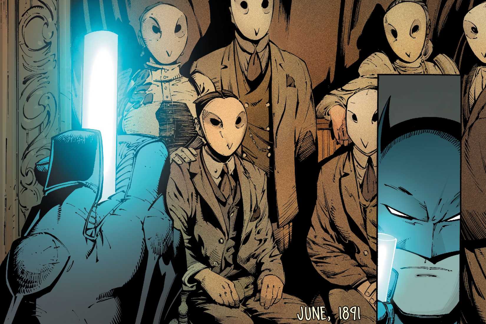 Batman descobre um retrato de vários membros da corte das corujas em Batman #3, DC Comics (2011).
