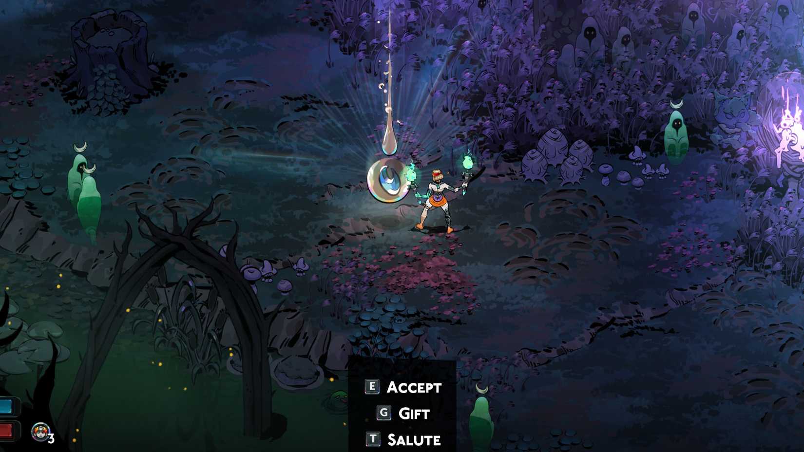 Melinoë presenteando seleno em Hades 2.