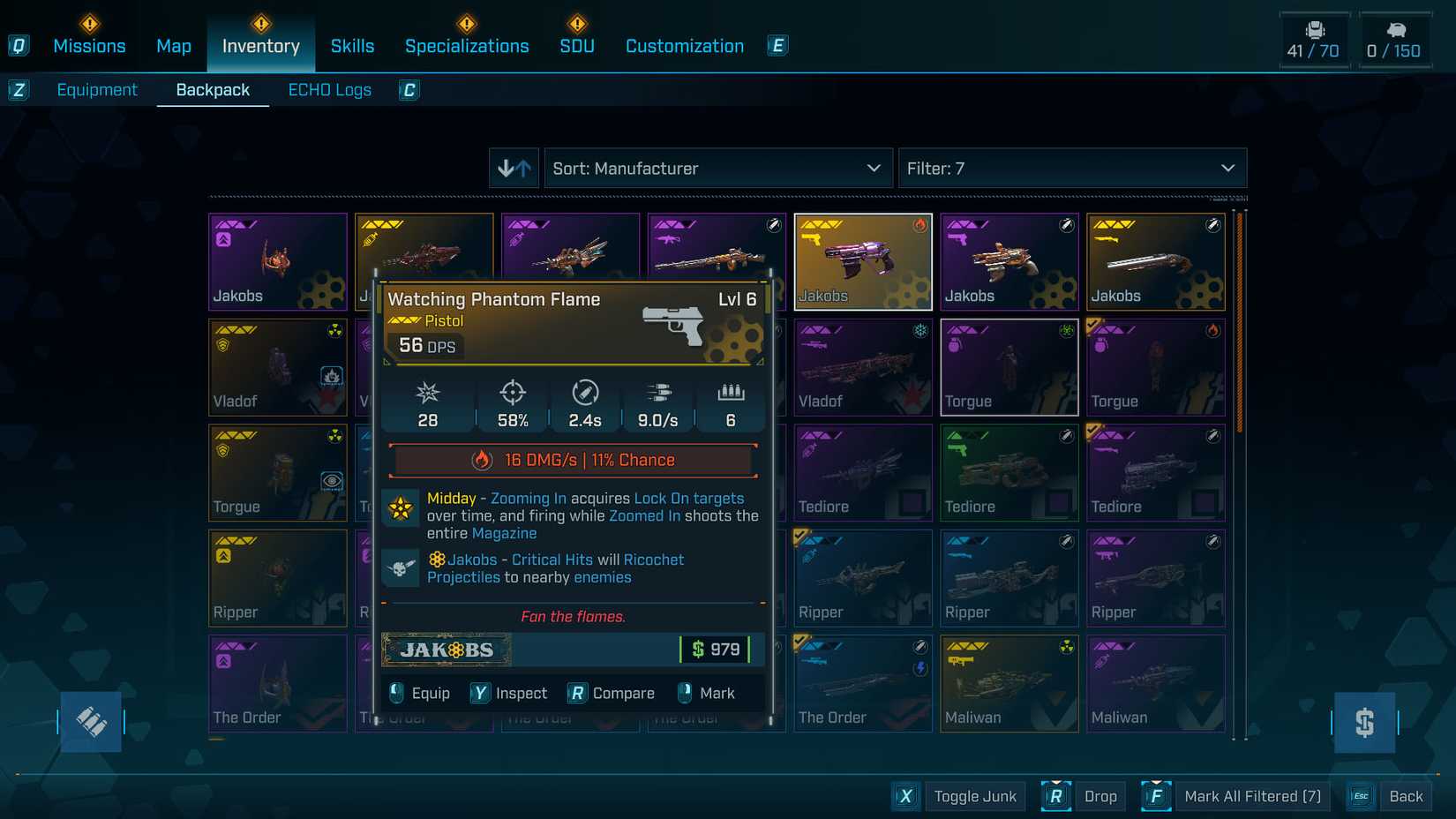 Uma captura de tela de Borderlands 4 mostrando uma arma Jakob e seus afixos