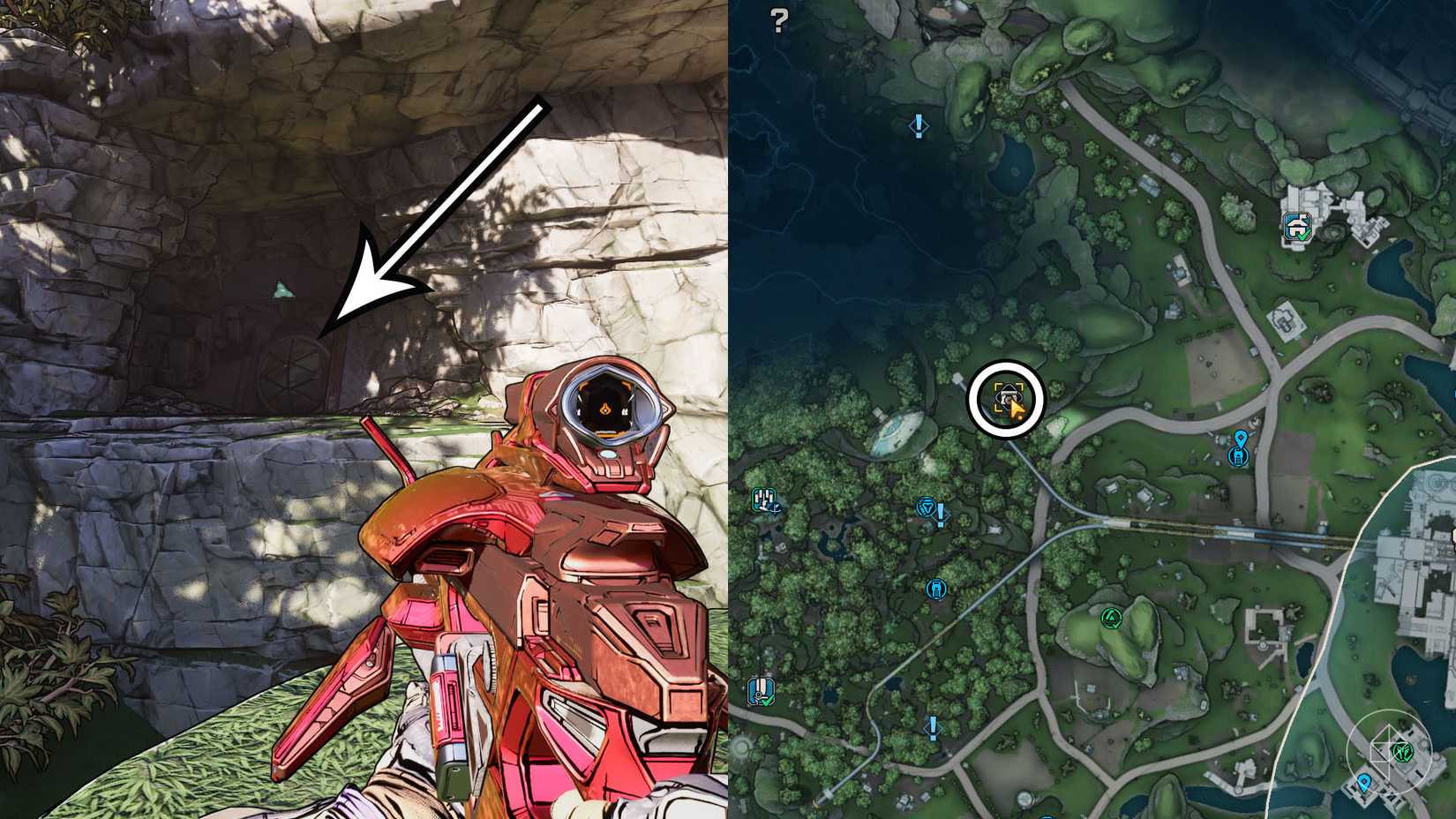 Uma montagem de duas imagens Borderlands 4 mostrando a localização do bunker negro