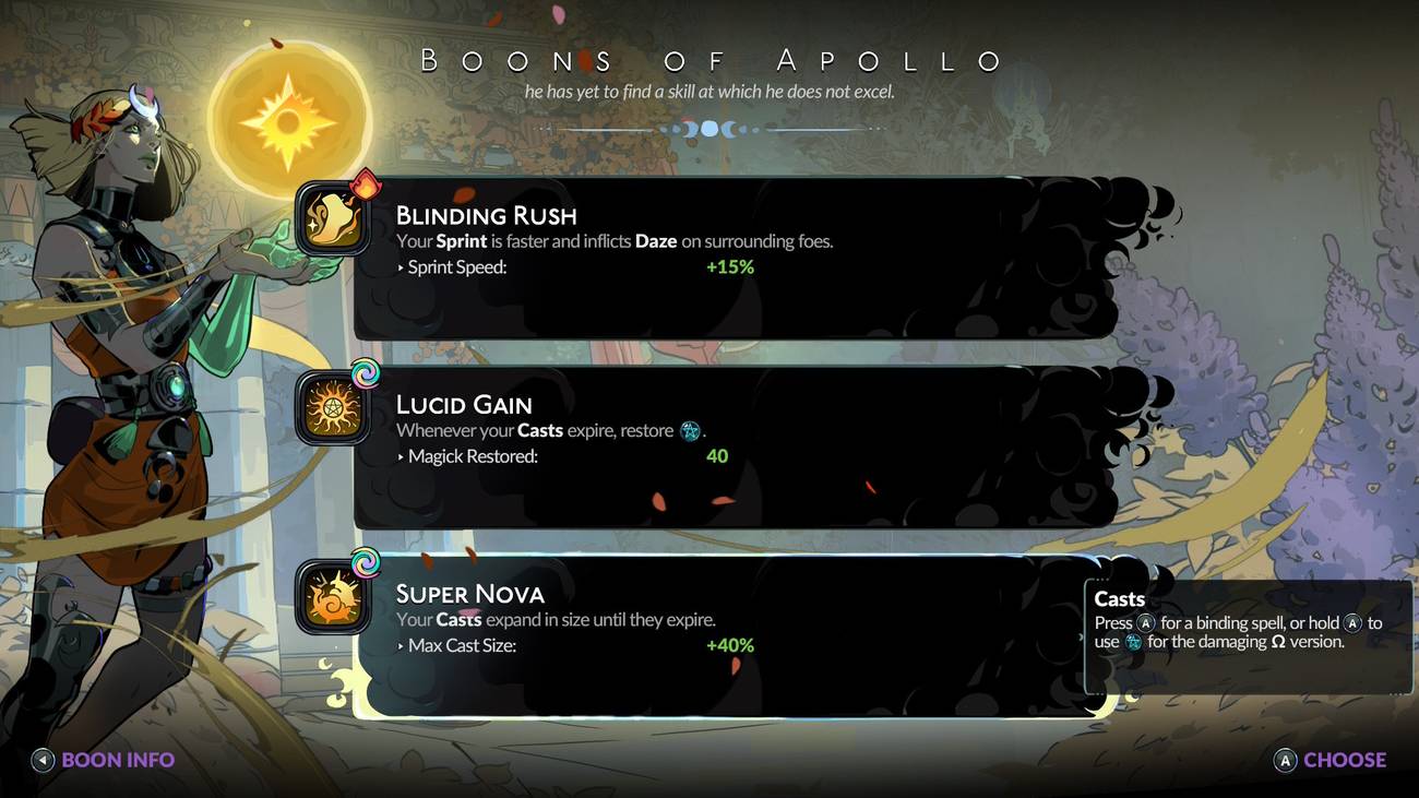 Melinoe escolhe um benefício de Apollo em Hades 2