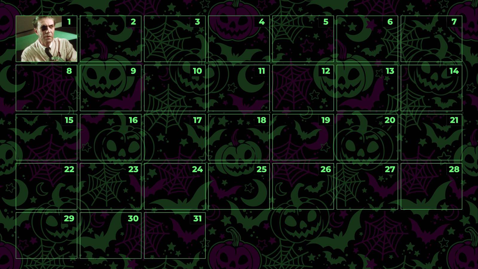Um calendário de outubro para a nossa contagem regressiva anual de Halloween, com uma única imagem de miniatura para 1 de outubro