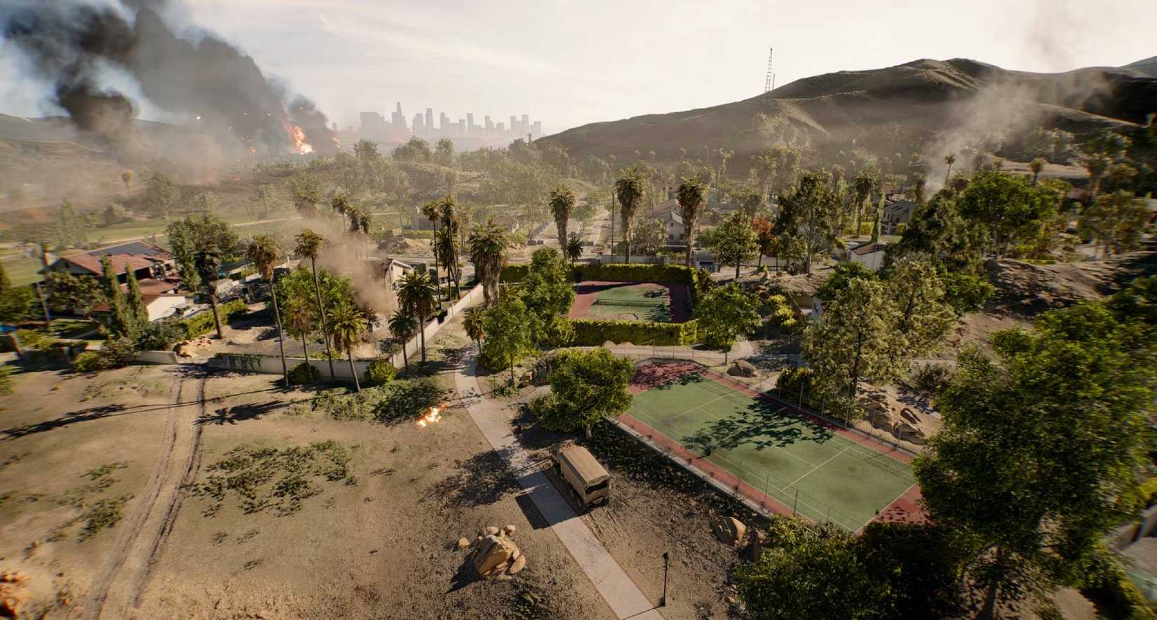 O mapa de Eastwood em Battlefield 6, apresentando fumaça no horizonte, quadras de tênis em primeiro plano e plumas de fumaça.