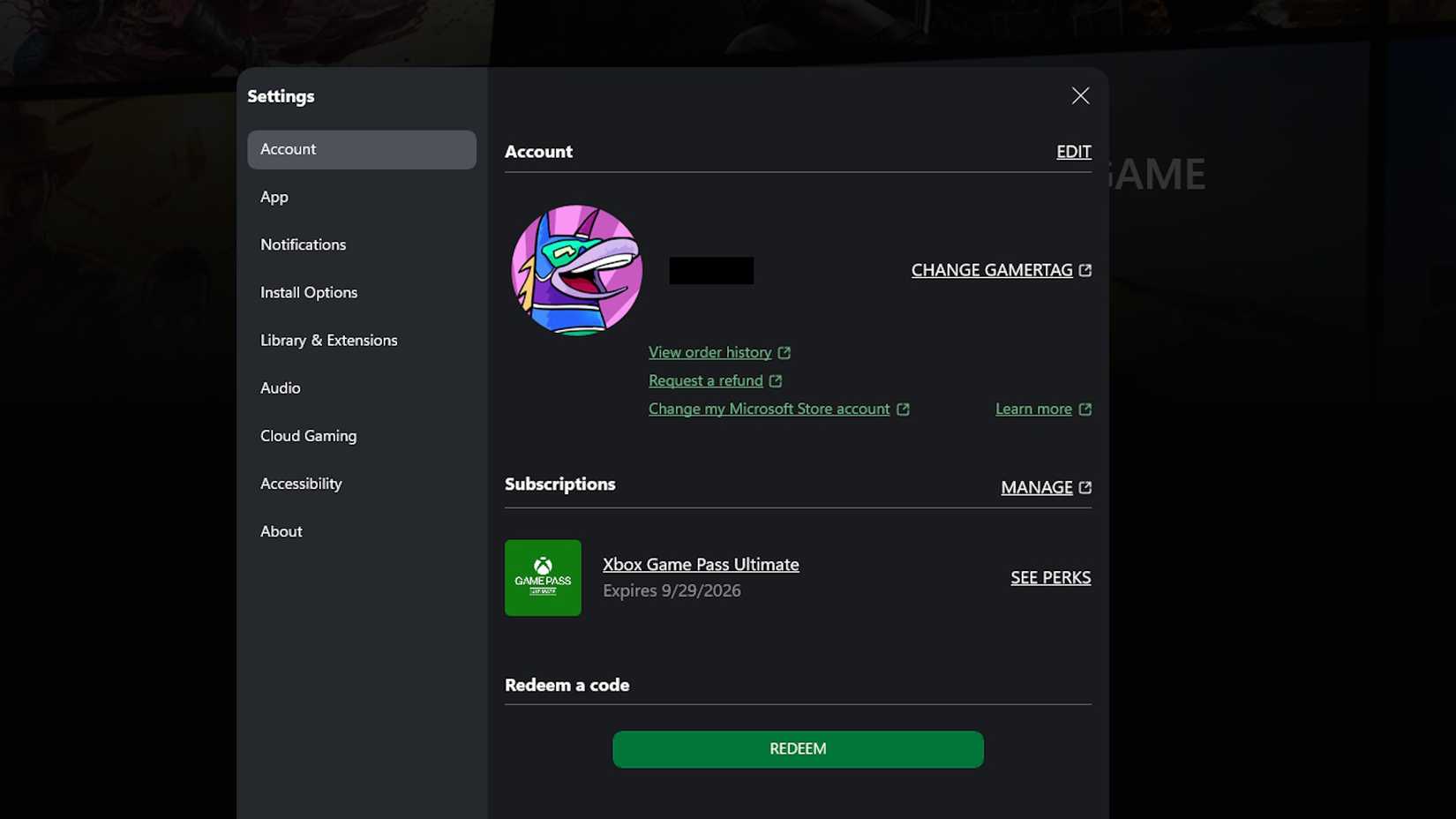 A página de gerenciamento do aplicativo Xbox