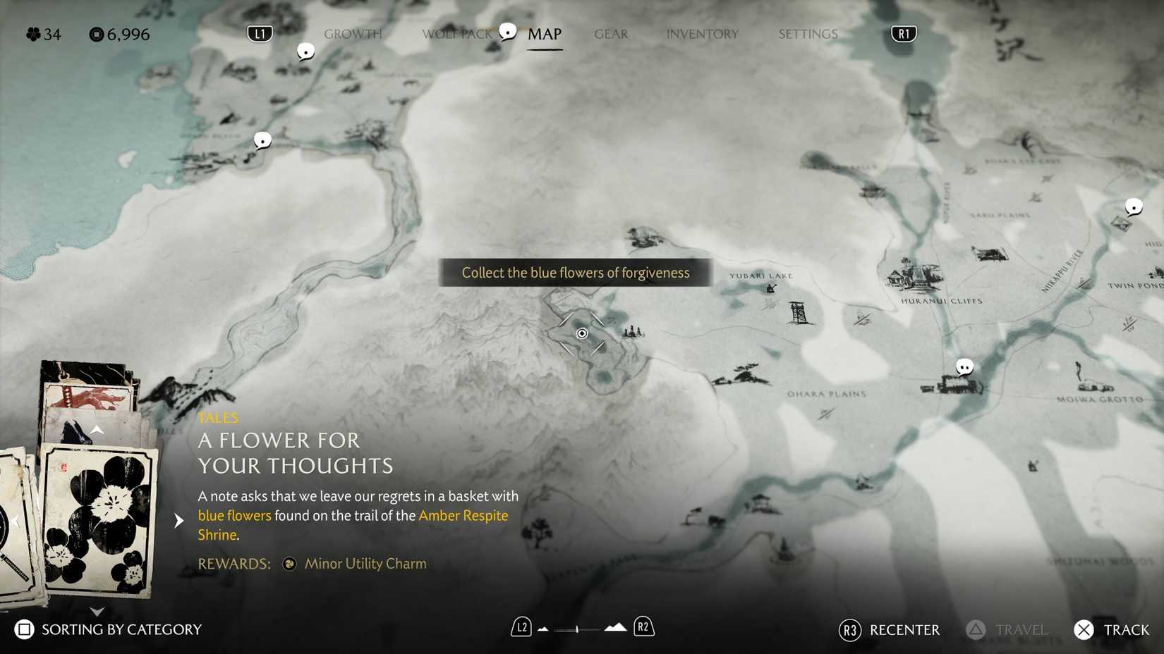 Um cartão de missão aparece no fantasma do mapa de Yotei.