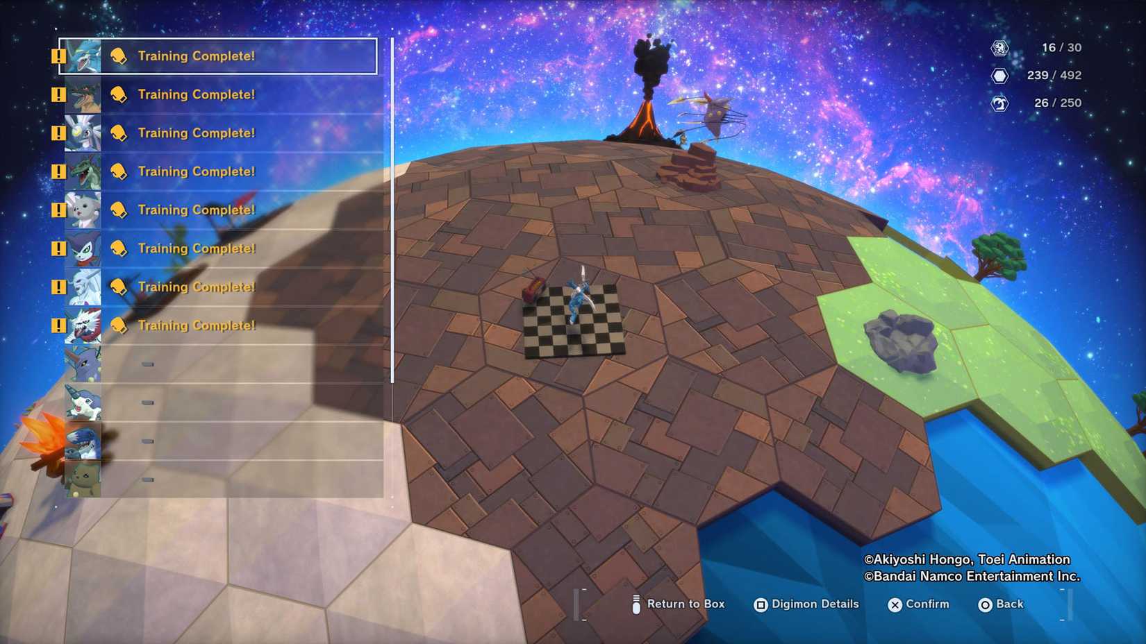 A Digimon Story: Time Stranger Screenshot mostrando uma lista de Digimon na fazenda que completou suas sessões de treinamento