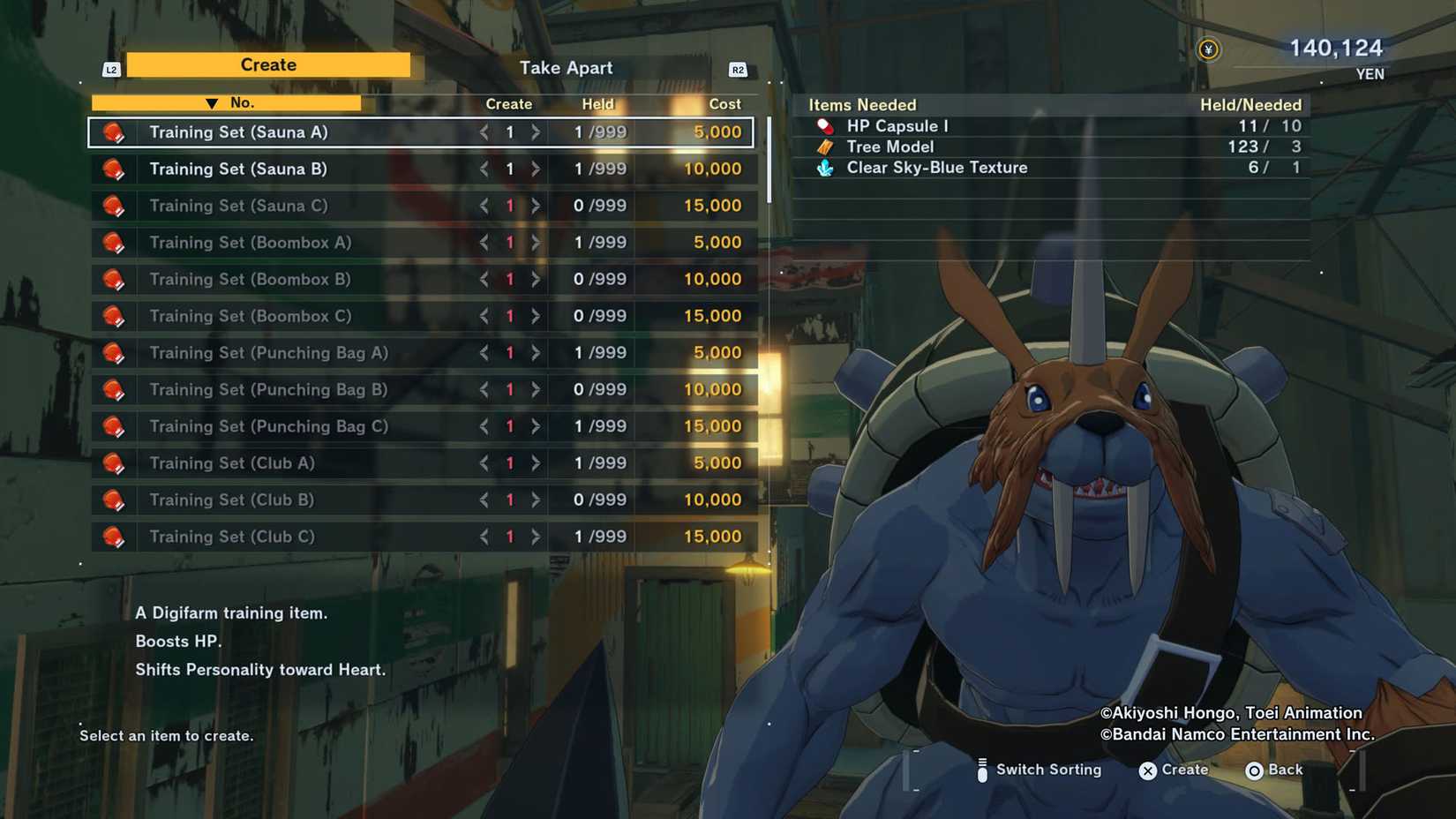 A Digimon Story: Time Stranger Screenshot mostrando a lista de conjuntos de treinamento que você pode criar com Zudomon