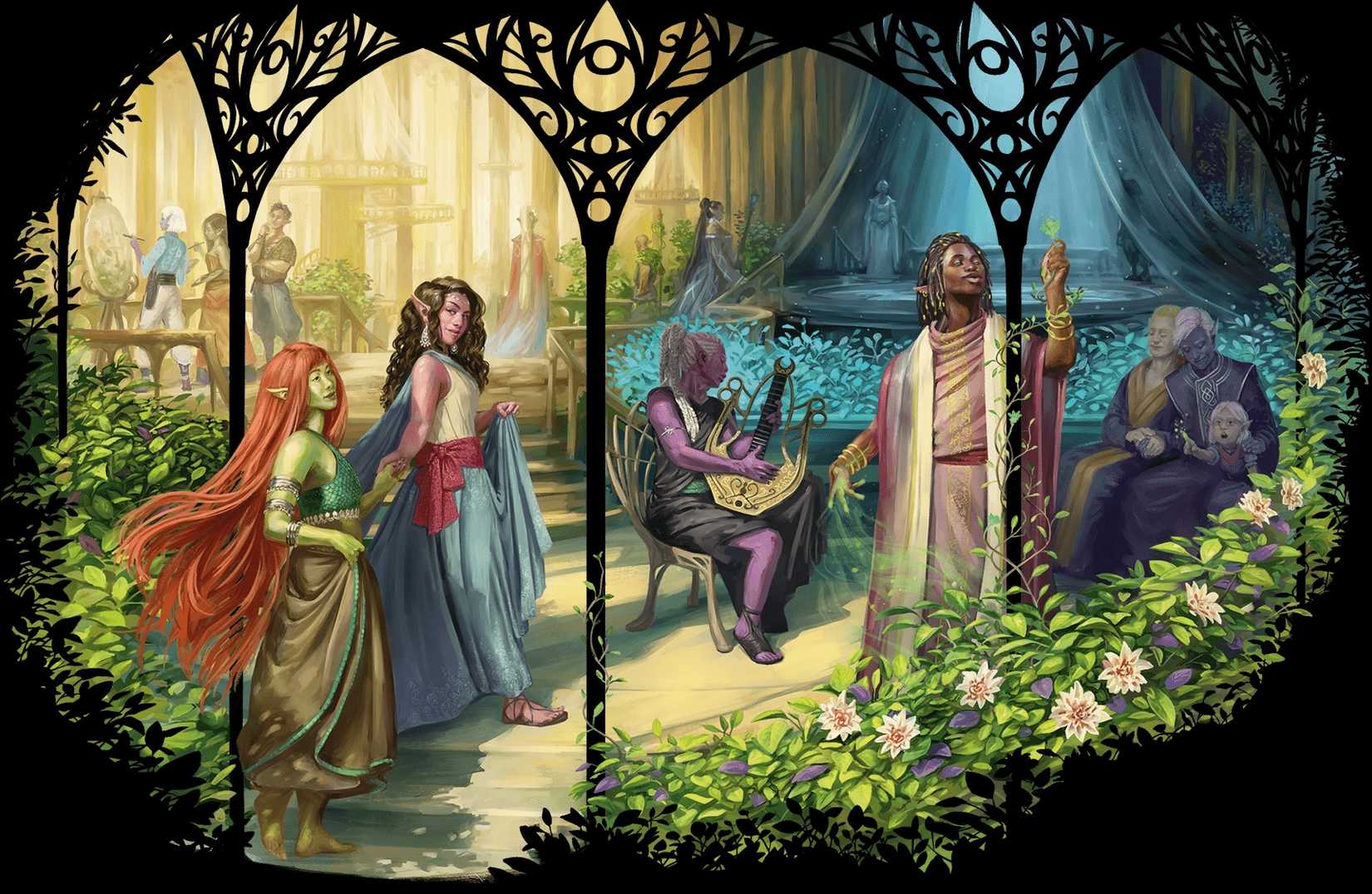 Um grupo de elfos pinta, tocar música e relaxar em um jardim na arte do manual do jogador Dungeons & Dragons 2024