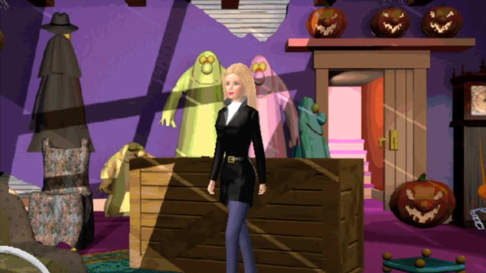 Barbie explora uma sala de armazenamento cheia de decoração de Halloween.