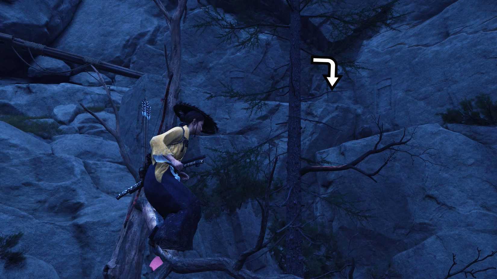 Um fantasma de captura de tela de Yotei com uma flecha indicando onde os jogadores devem agitar no santuário fiel