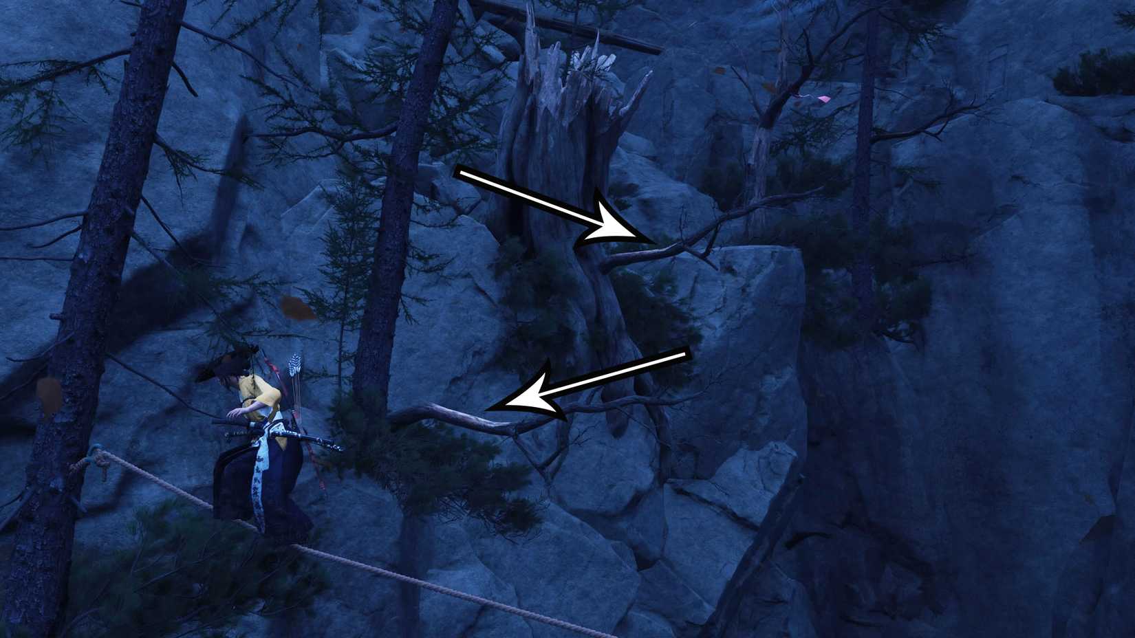 Uma montagem usando flechas em um fantasma de captura de tela de Yotei para indicar que os jogadores do caminho devem seguir para alcançar o fiel santuário