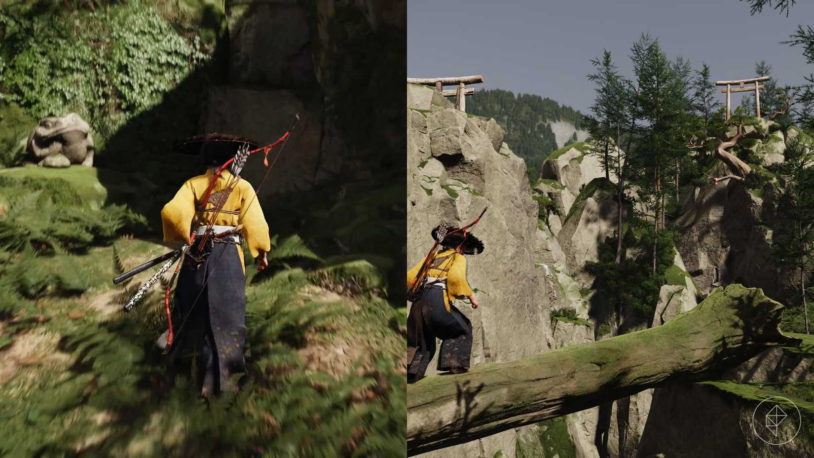 Uma montagem de dois fantasmas de captura de tela de Yotei mostrando onde os jogadores devem ir na segunda parte do caminho para alcançar o fiel santuário