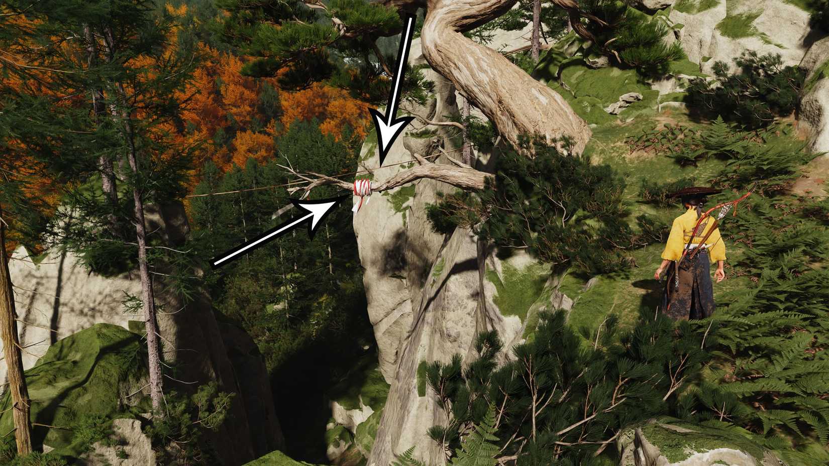 Uma montagem de dois fantasmas de captura de tela de Yotei mostrando uma seção do caminho para o santuário fiel