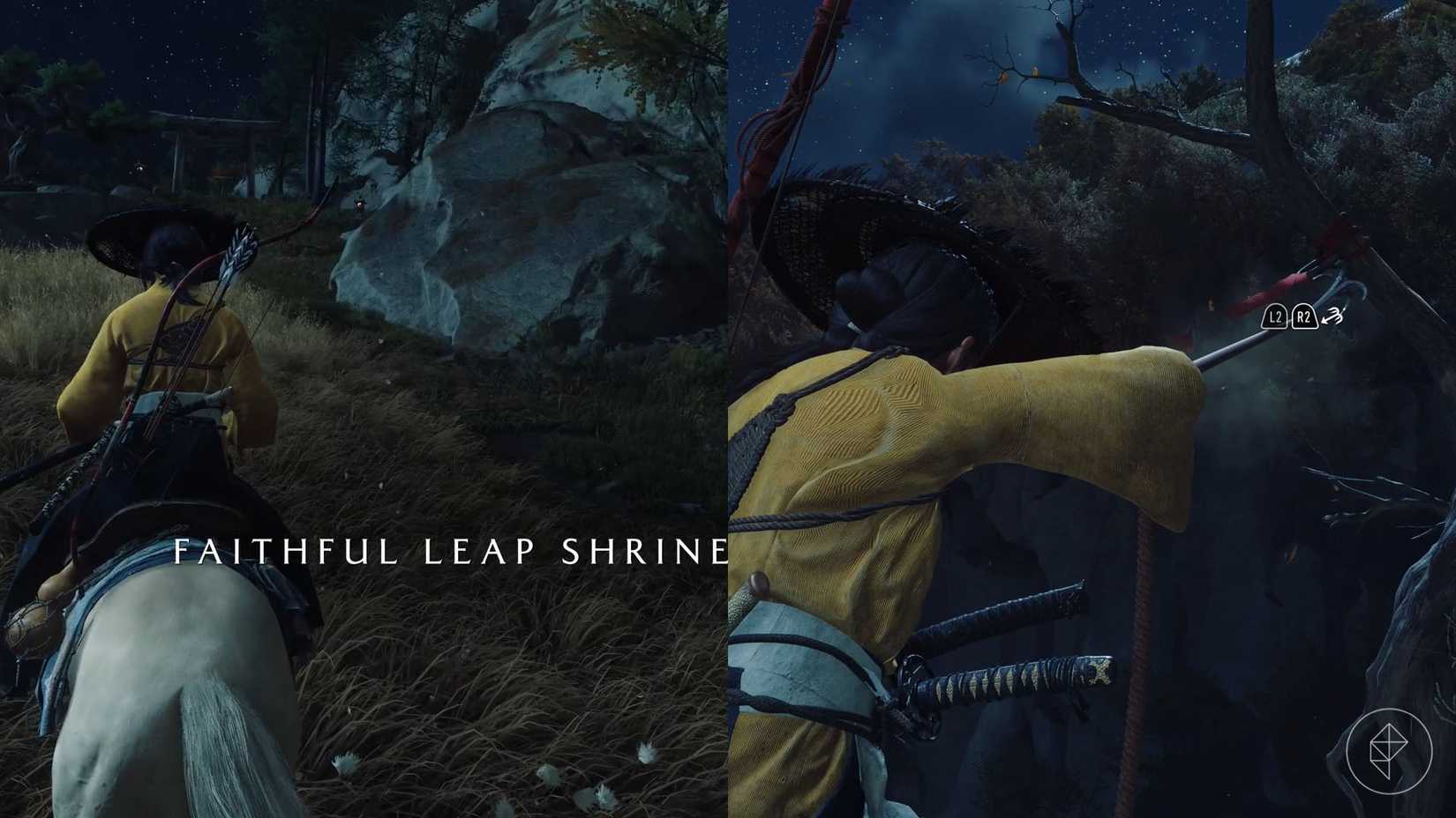 Uma montagem de dois fantasmas de screenshot de Yotei mostrando o início do caminho que ele fiel