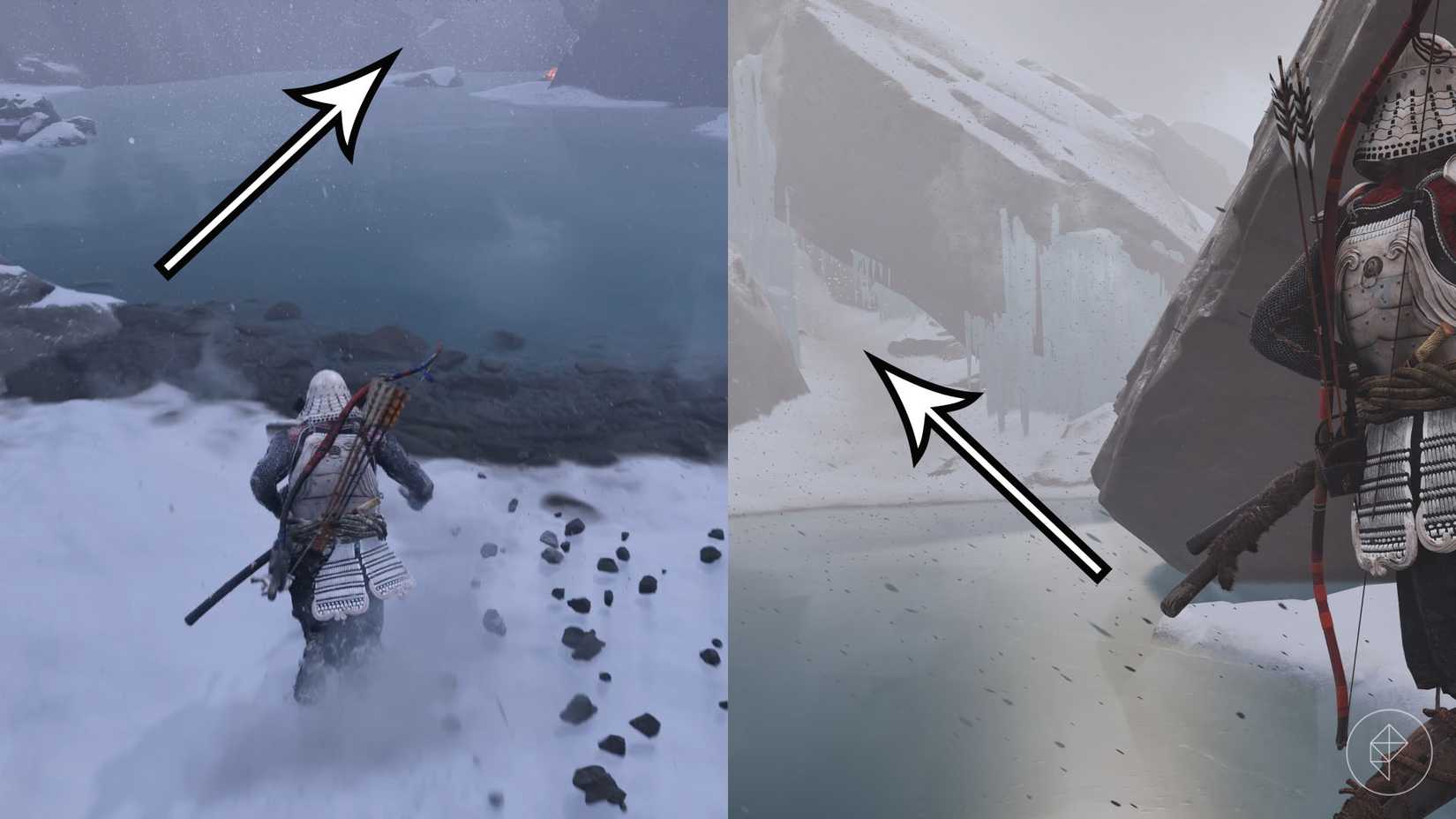 Uma montagem de dois fantasmas de captura de tela de Yotei mostrando onde os jogadores podem encontrar o caminho para o relicário da compaixão