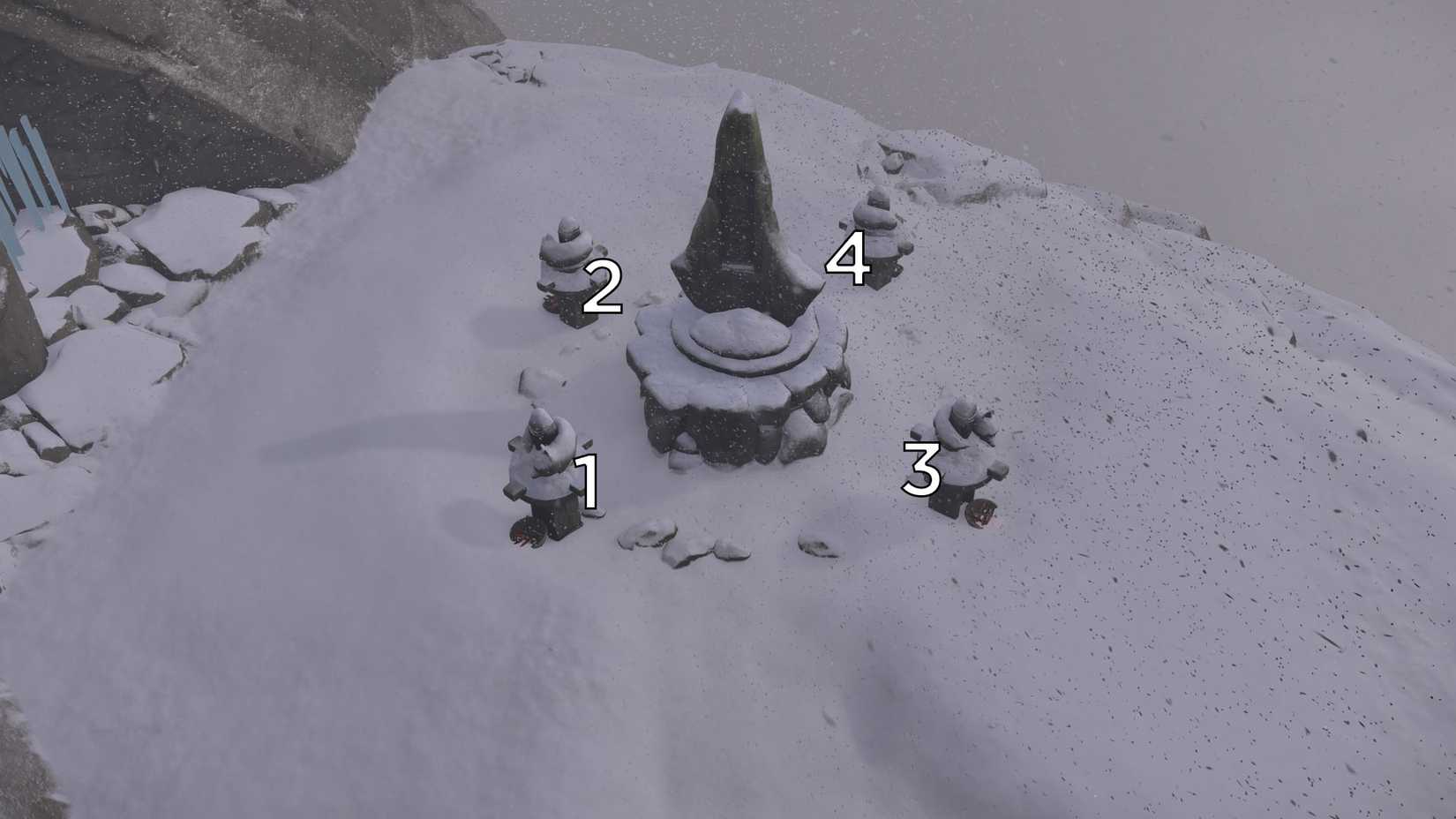 Uma montagem mostrando o relicário da compaixão do fantasma de Yotei e os números 1 a 4 marcando as estátuas da raposa ao redor do pilar principal.