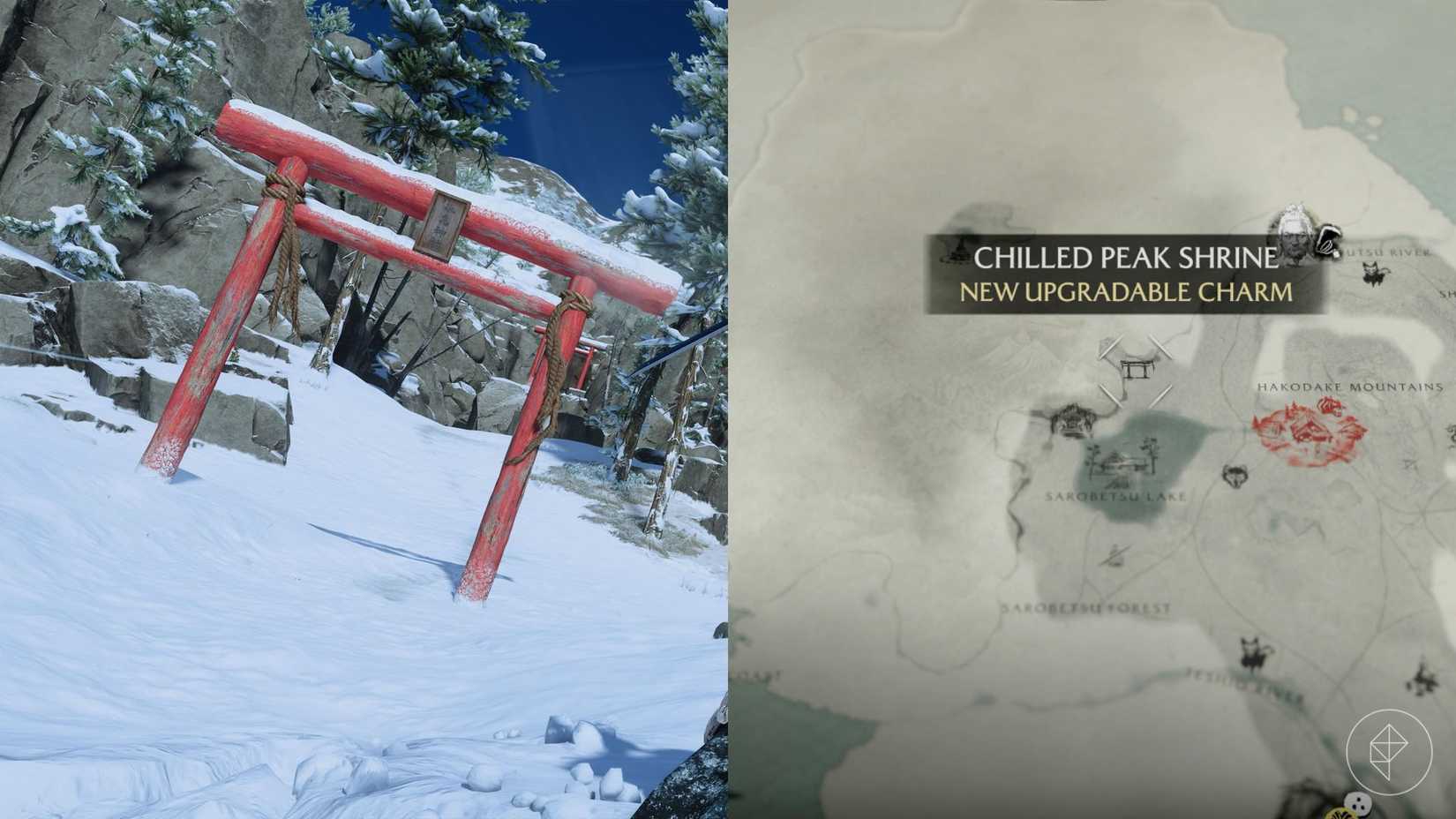 Torii Gate, levando ao santuário de pico refrigerado e relicário de compaixão no fantasma de Yotei.