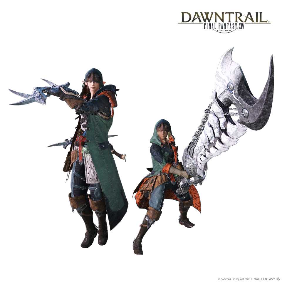 Mais dois personagens de FFXIV segurando lâminas e uma espada gigante, vestidos com equipamentos Monster Hunter Wilds.