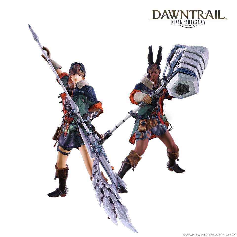 Dois personagens FFXIV segurando armas Veldianas enquanto usam a armadura Hope de Monster Hunter Wilds.