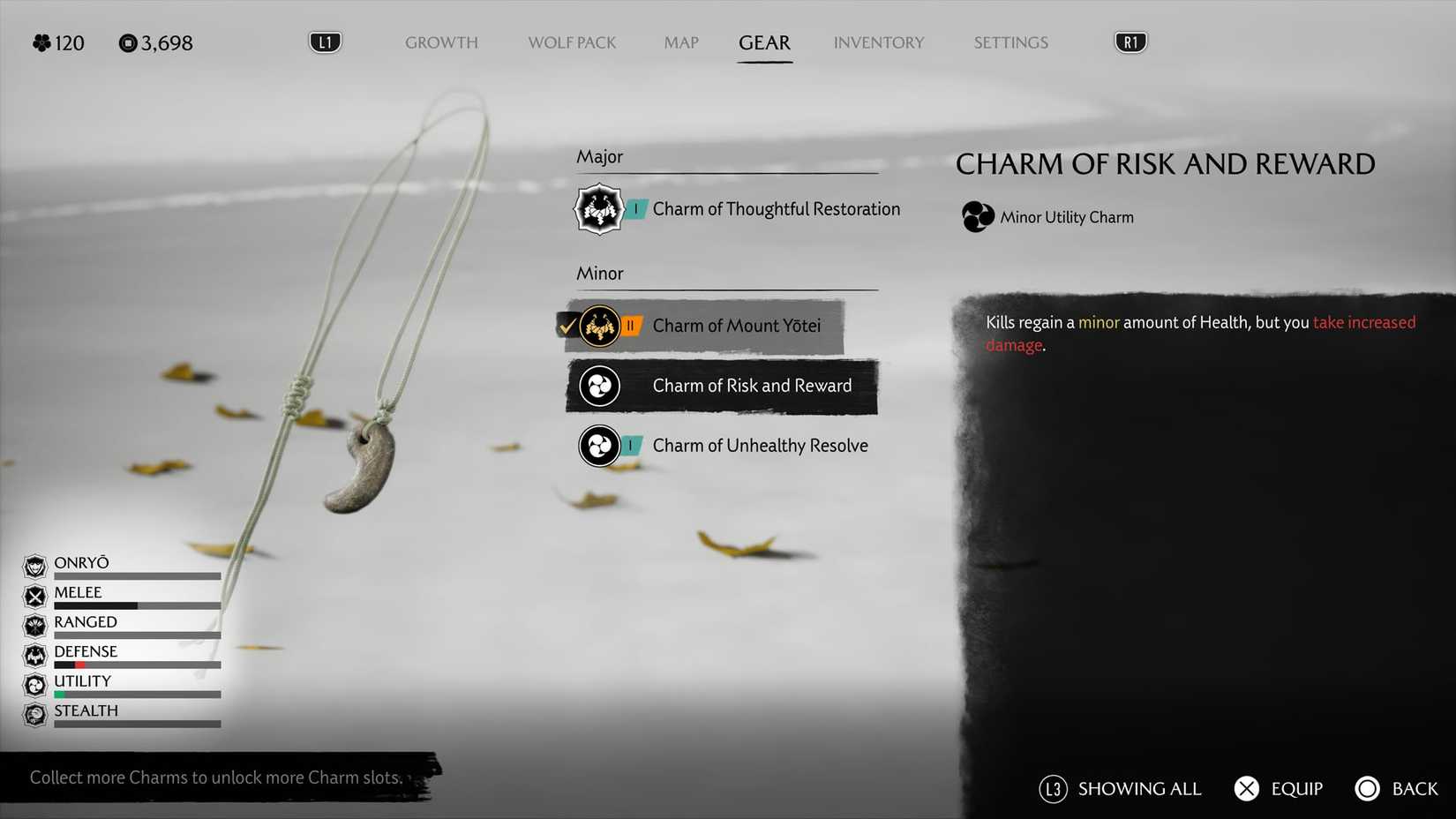 Uma captura de tela do Ghost of Yotei mostrando os detalhes do Charm of Risk and Reward