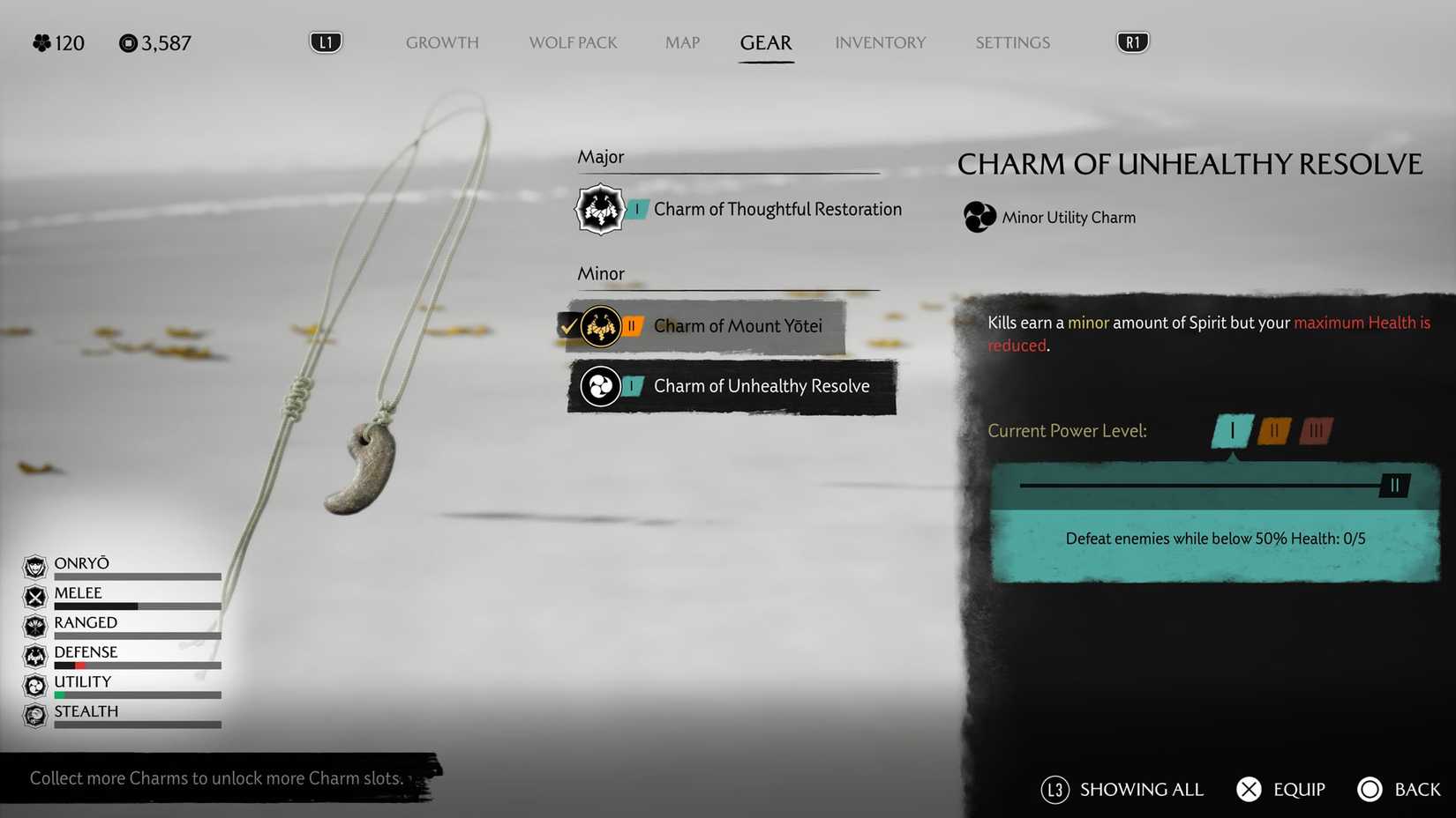 Uma captura de tela de Ghost of Yotei mostrando os detalhes do Charm of Unhealthy Resolve
