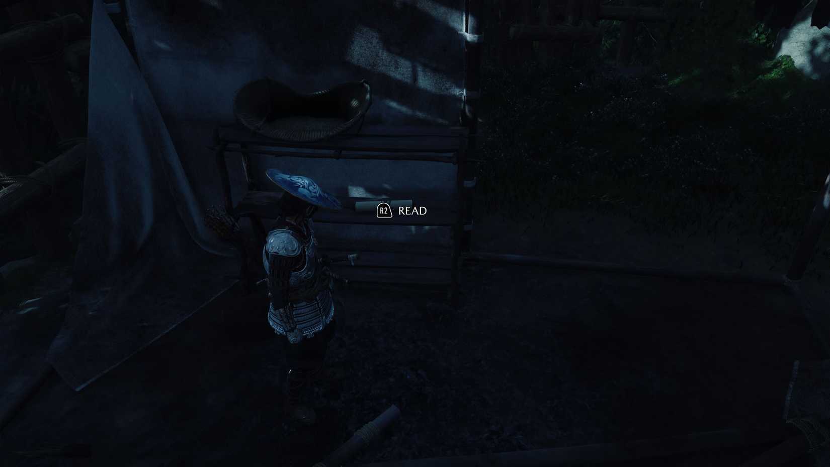 Uma captura de tela do Ghost of Yotei mostrando a localização de um pergaminho que os jogadores precisam ler para progredir "A cara de um mestre" missão paralela.
