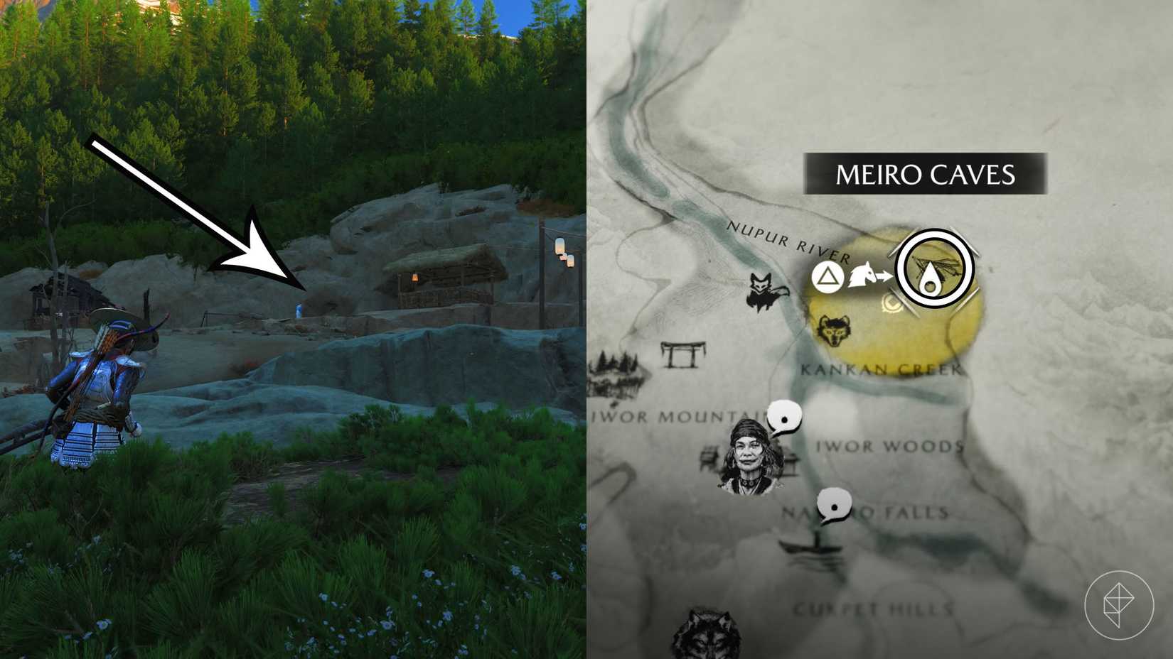 Uma montagem de duas capturas de tela do Ghost of Yotei mostrando a localização da Caverna Meiros