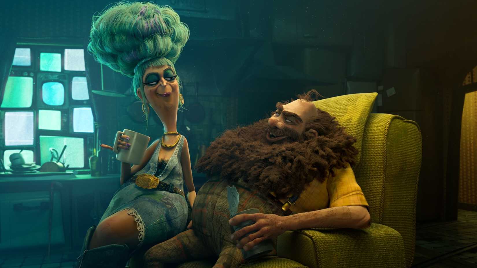 O senhor e a senhora Twit sorriem um para o outro no filme stop-motion da Netflix, The Twits