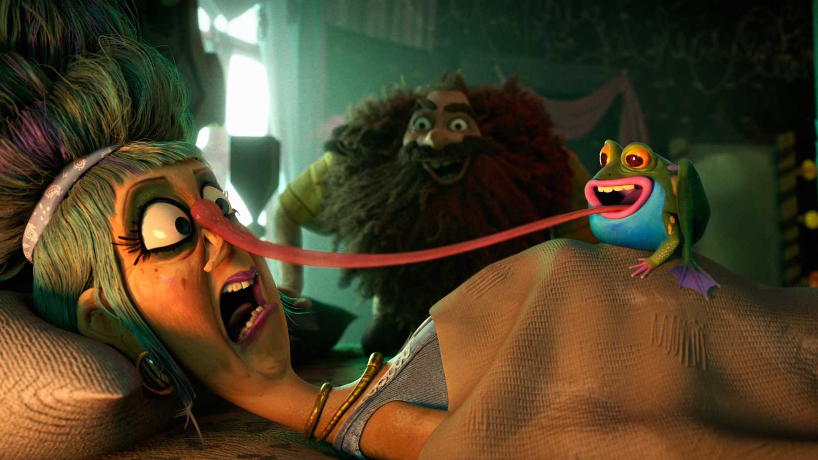 Um sapo toca o nariz da Sra. Peste com sua língua comprida enquanto o Sr. Peste observa, rindo, em The Twits