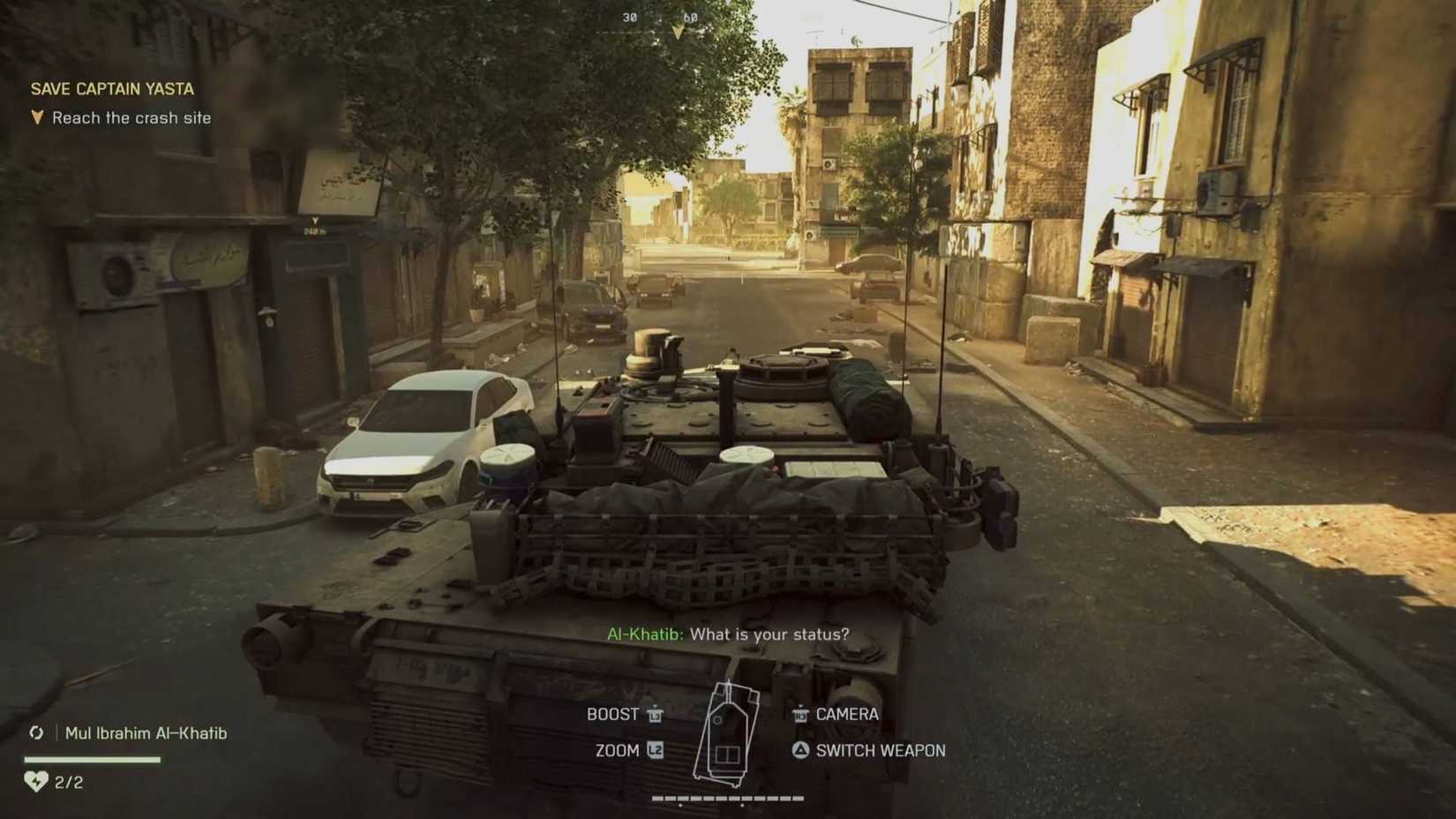 O jogador controla um tanque na campanha Battlefield 6, dirigindo pelas ruas do Cairo.