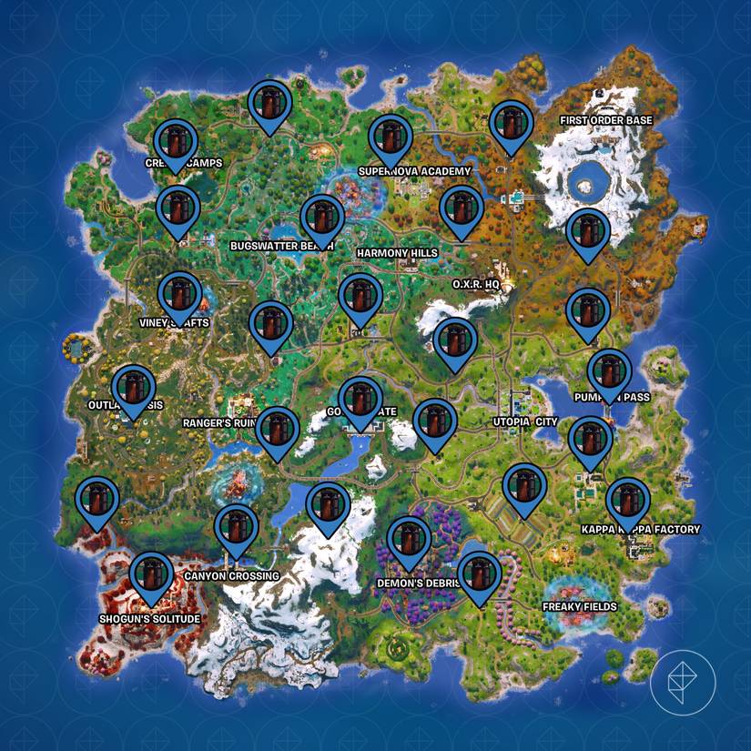 Locais de Stalkbox marcados no mapa Fortnite.