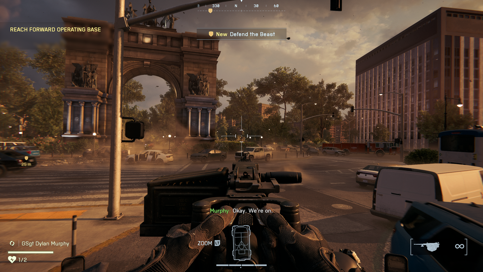 Um veículo militar passa pela Grand Army Plaza em Battlefield 6.
