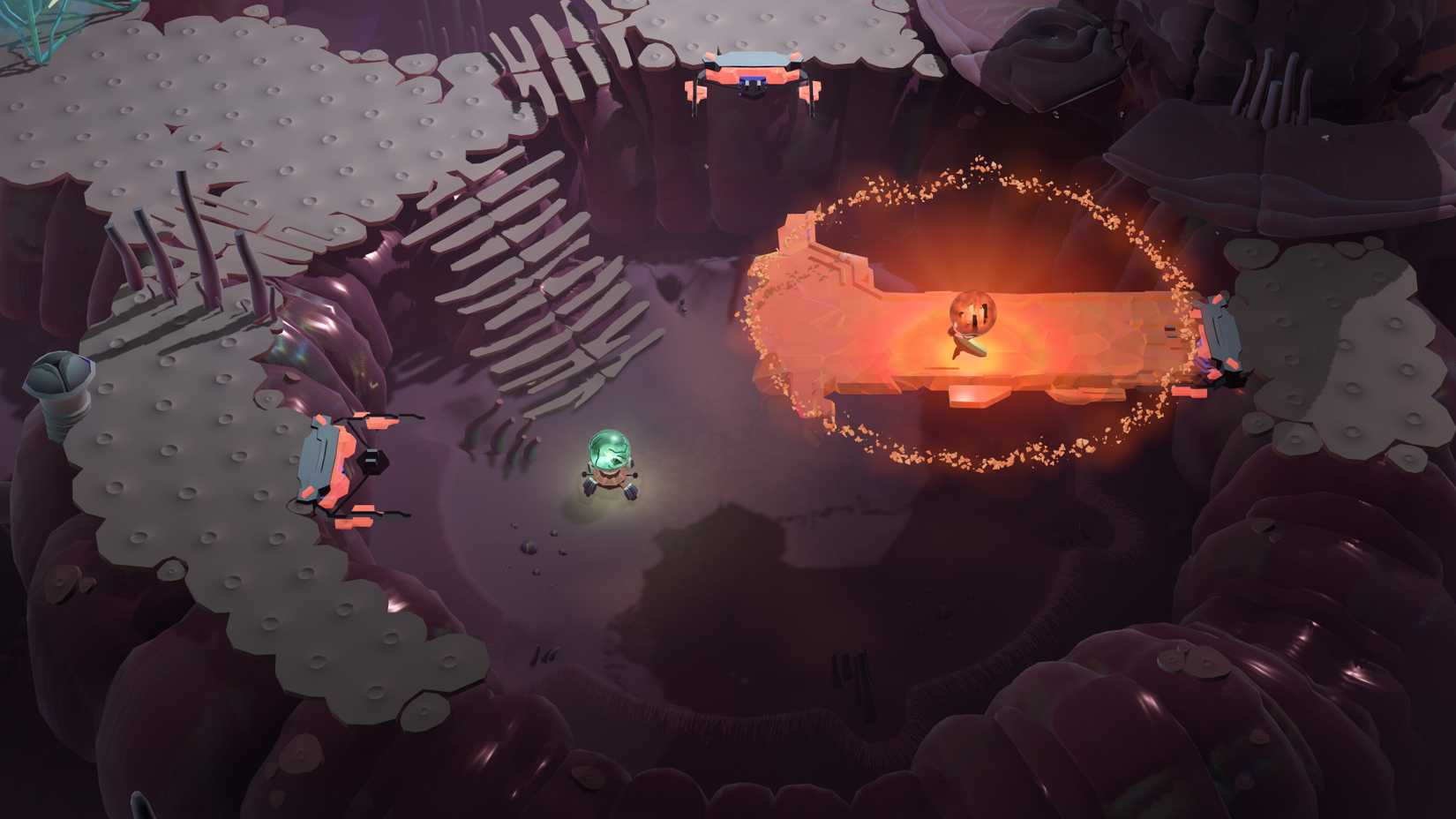 Uma imagem do jogo de quebra-cabeça Cocoon. Um pequeno inseto caminha ao longo de uma ponte laranja brilhante enquanto carrega uma esfera laranja.