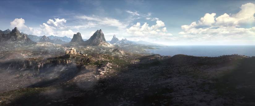 Uma cordilheira próxima a um corpo de água em uma imagem do teaser trailer de The Elder Scrolls 6