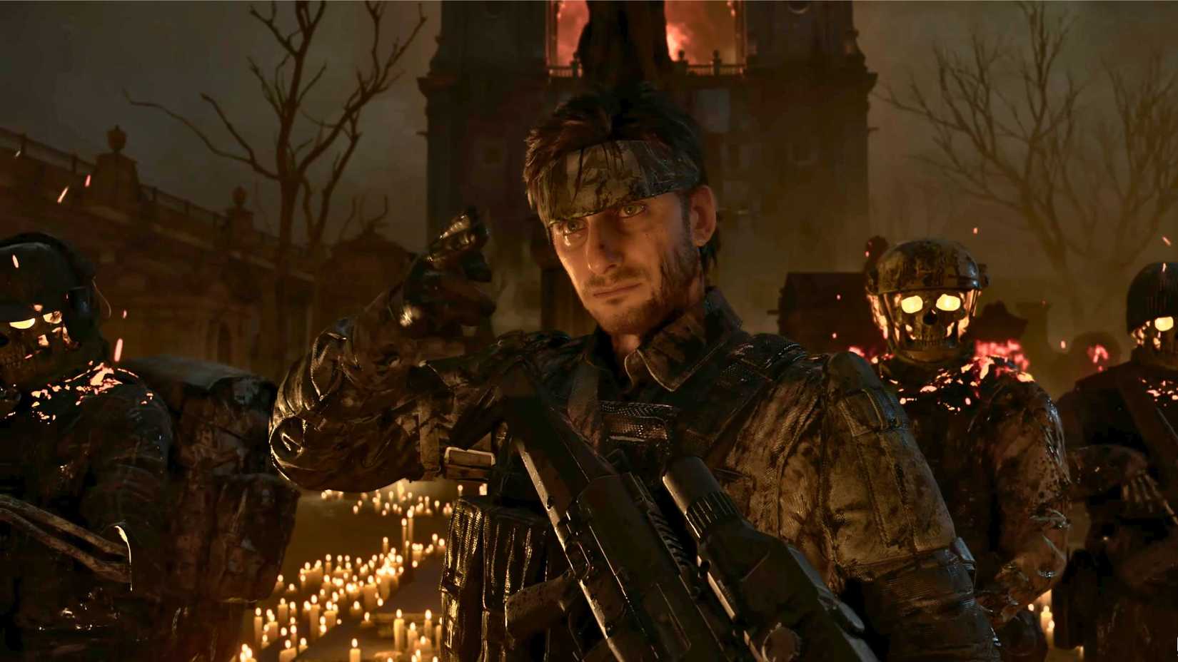 Um soldado (Neil) usando uma bandana com um pelotão de bombeiros flanqueado atrás dele em Death Stranding 2