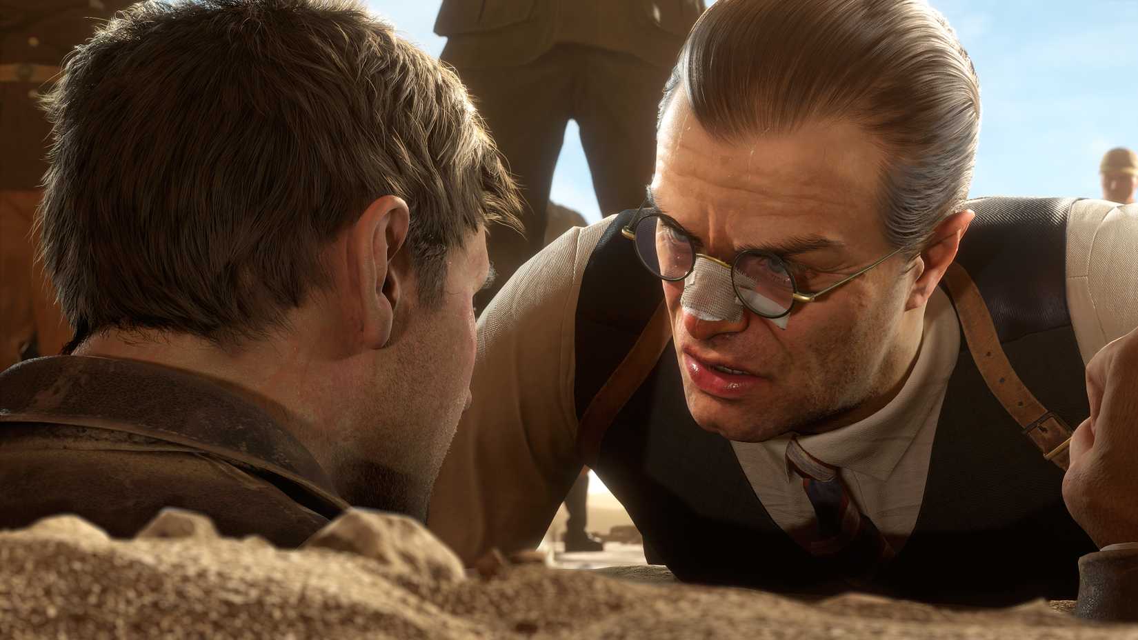 Emmerich Voss com um curativo no nariz confronta Indiana Jones, enterrado na areia