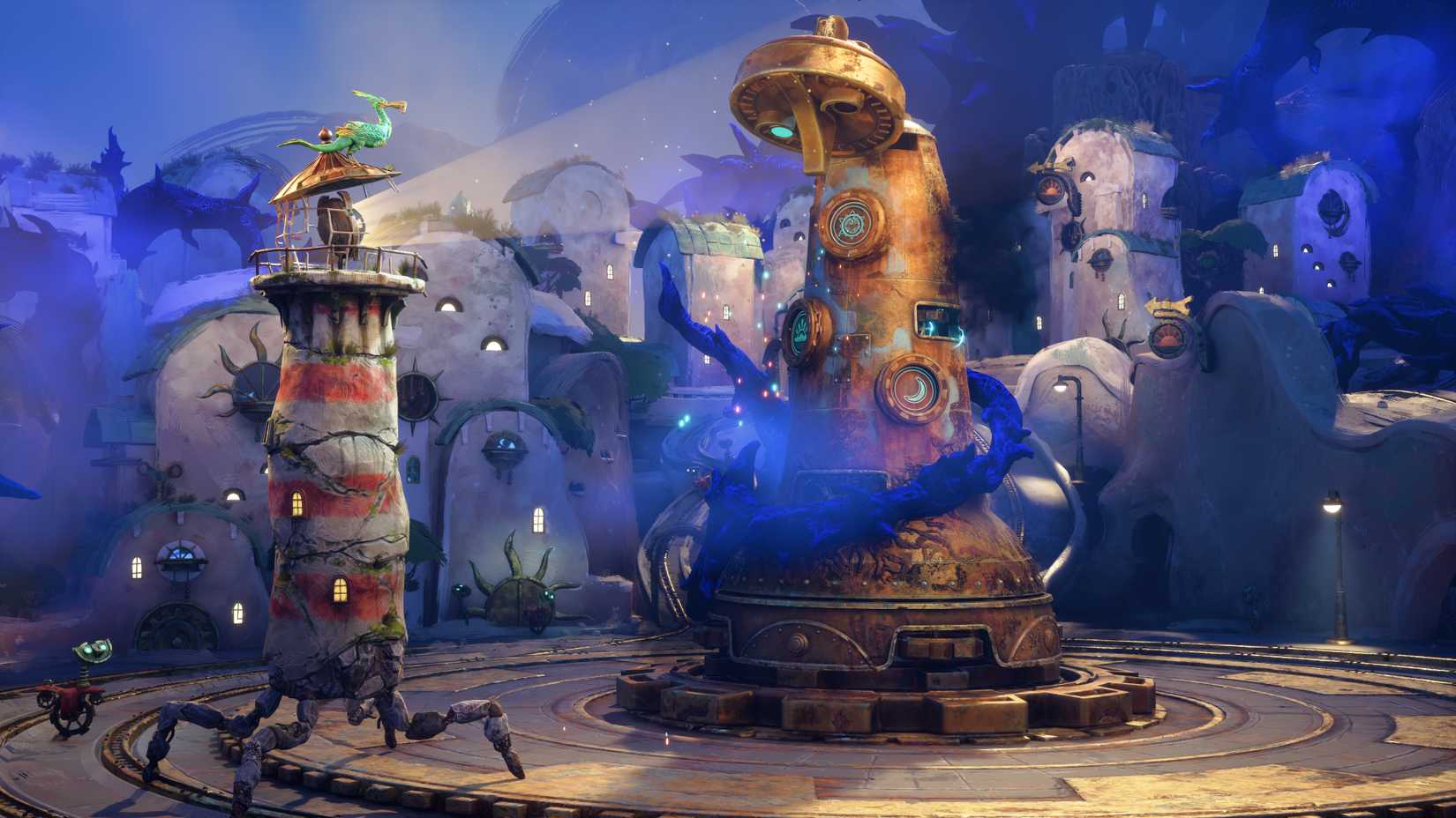 O farol e Twig exploram uma cidade em Keeper.