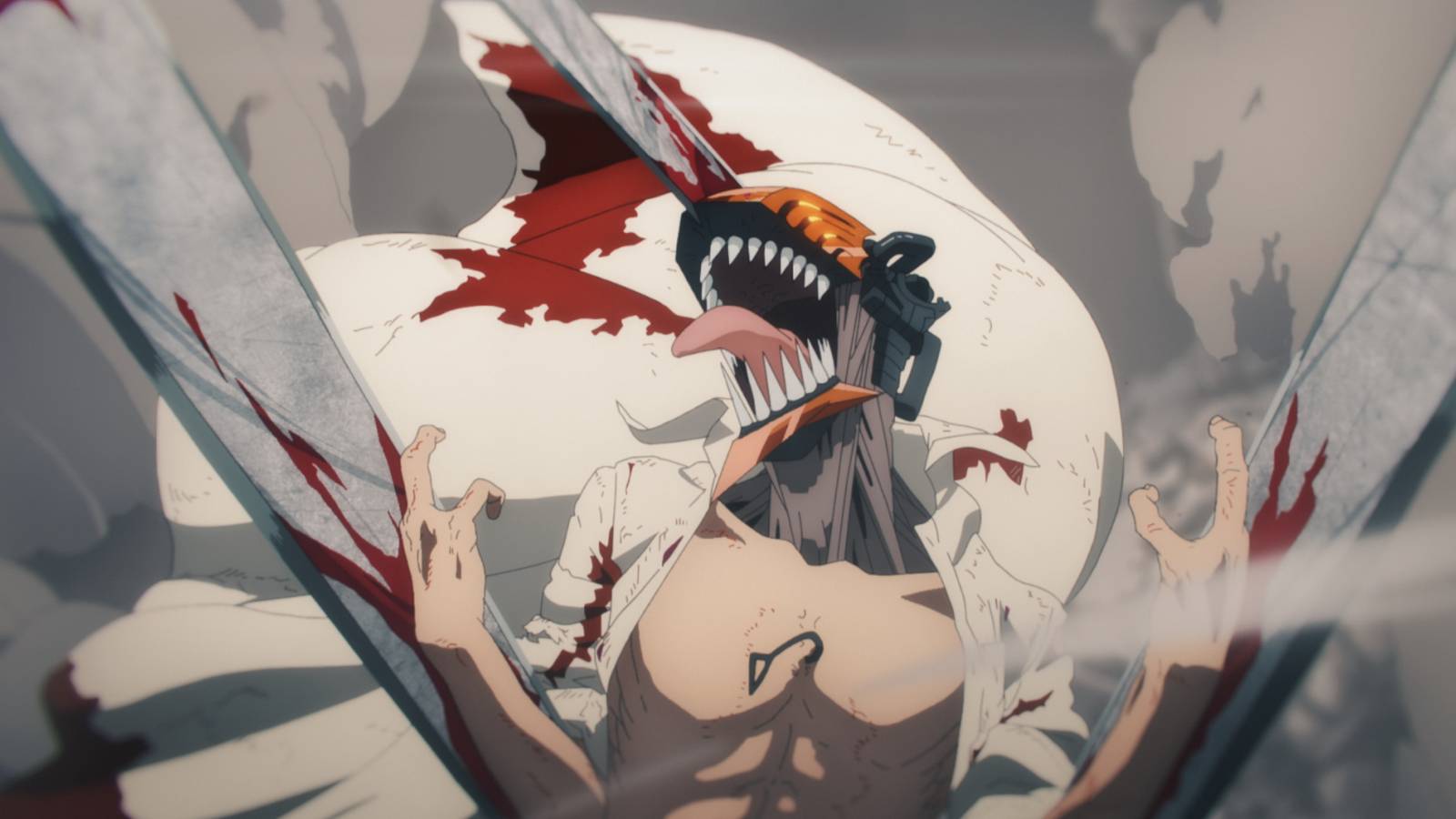 Uma foto do terceiro trailer de Chainsaw Man, retratando um homem com lâminas de serra elétrica saindo de sua cabeça e mãos rugindo com o peito exposto, uma corda rasgada visivelmente no centro.