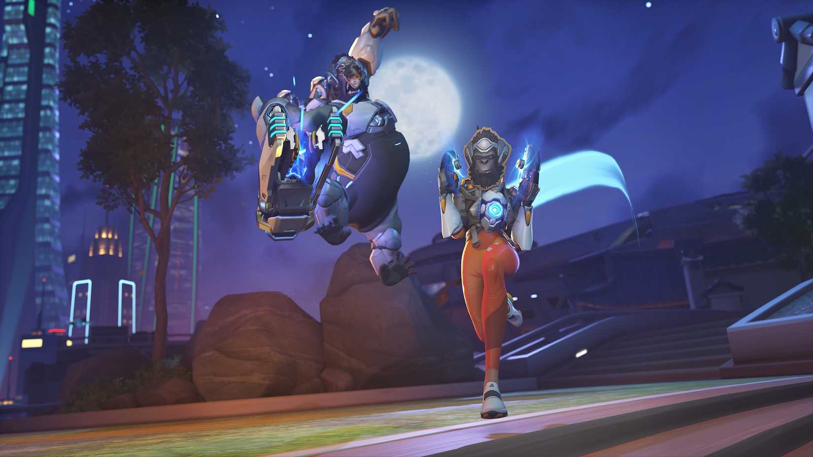 Tracer e Winston em Haunted Masquerade de Overwatch 2