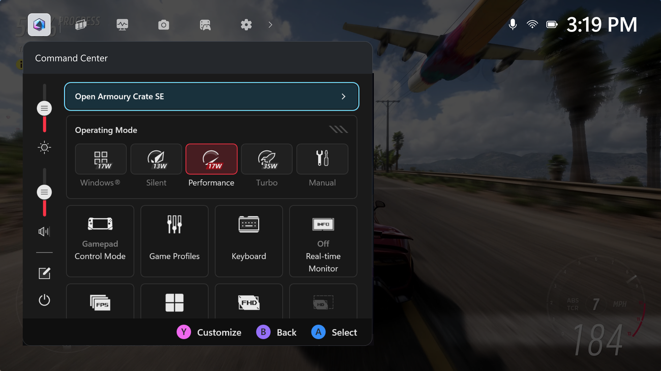 A interface do Xbox Ally mostra uma sobreposição do GameBar sobre o Forza Horizon 5, com opções de hardware visíveis