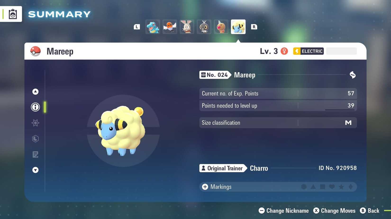 Uma tela de resumo para Mareep em Pokémon Legends: ZA